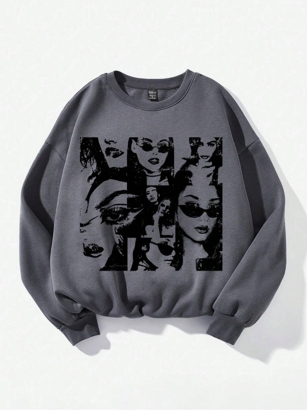 Figür Grafikli Düşük Omuzlu Termal Sweat Gri