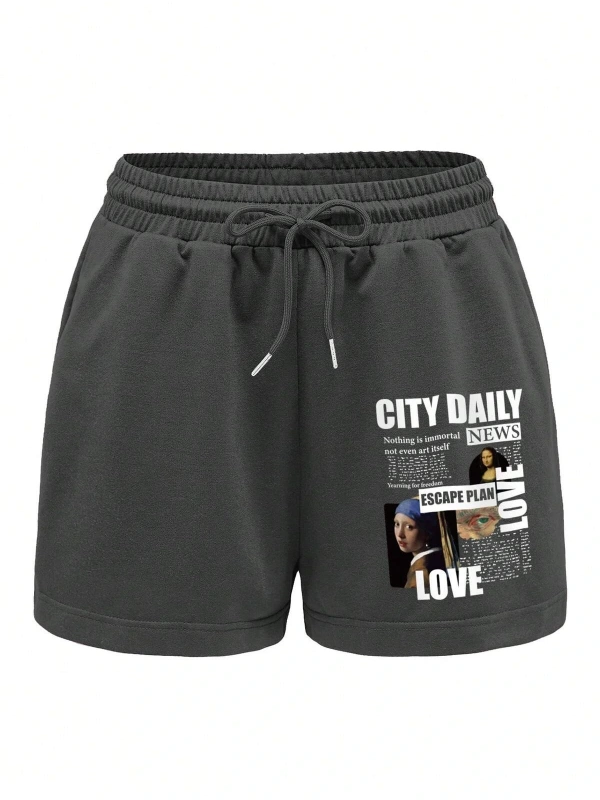 Figure and Slogan Graphic Drawstring Waist Track Şort