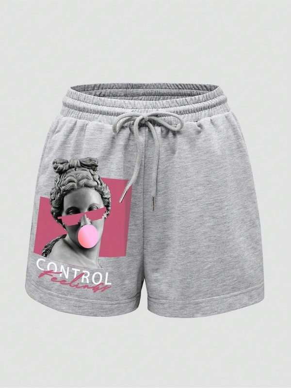 Figure Graphic Drawstring Waist Şort