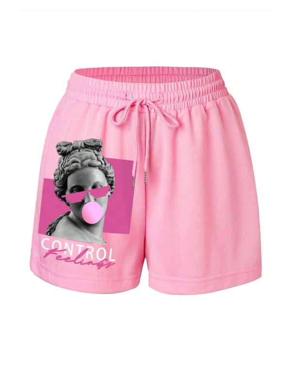Figure & Letter Graphic Drawstring Waist Şort