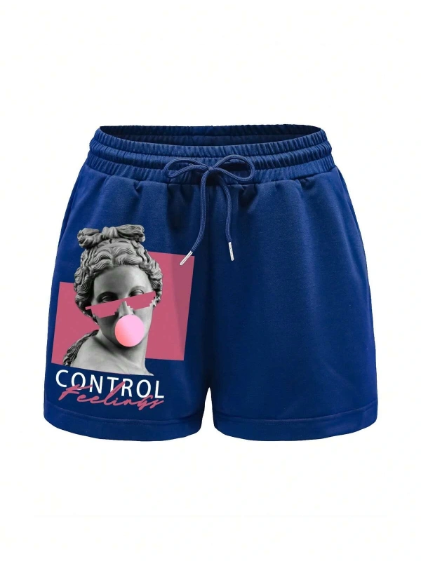 Figure & Letter Graphic Drawstring Waist Şort