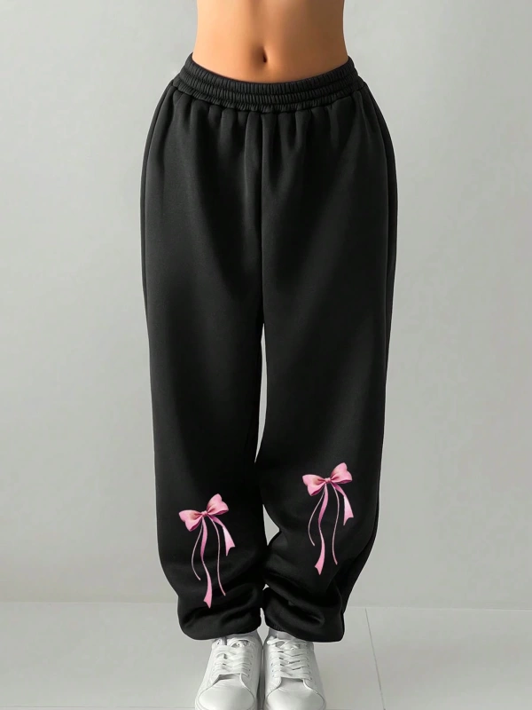 Flirla Bow Decor Sevimli Baskılı Rahat Bol Rahat Jogger Pantolon, Sıcak Termal Astarlı Açık H