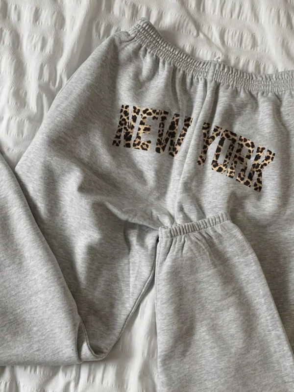 Flirla Kadın Günlük Leopar ve Harf Baskılı Uzun Bağcıklı Spor Pantolon, Sonbahar/Kış