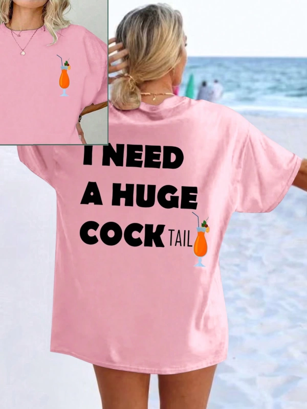 Flirla Kadın Yazlık Bol Kokteyl Pembe Kısa Kollu Tişört Grafik Tişörtler Kadın Üstleri