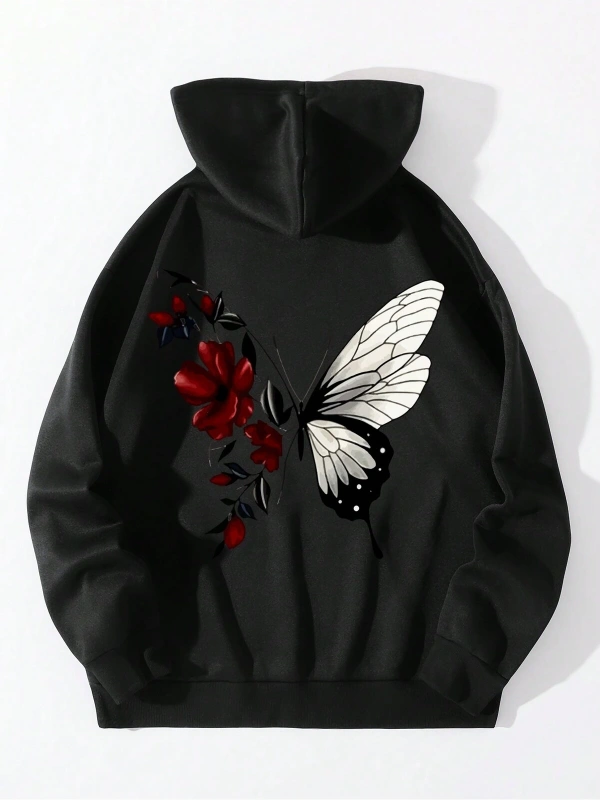 Floral & Butterfly Print Drawstring Lined Hoodie Siyah