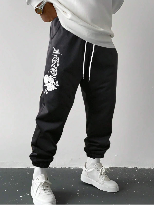 Floral & Letter Graphic Drawstring Waist Eşofman Altı