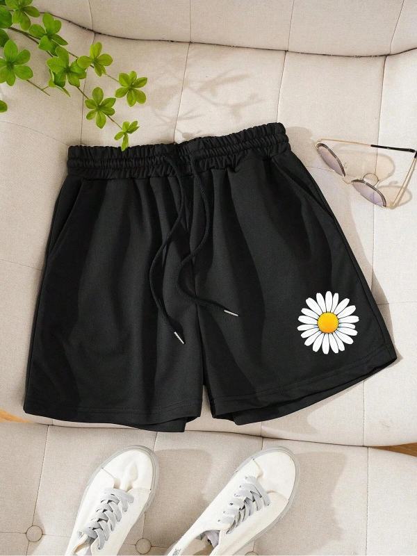 Floral Print Drawstring Waist Şort