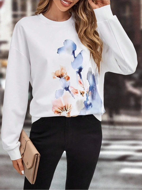 Floral Print Drop Shoulder Sweatshirt Beyaz