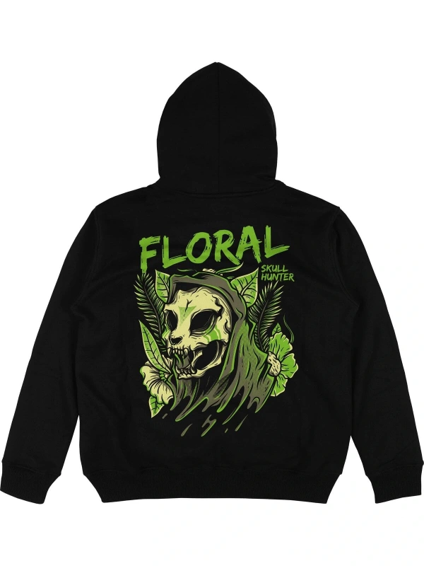 Floral Siyah Oversize Unisex Kapüşonlu Sweatshirt Hoodie