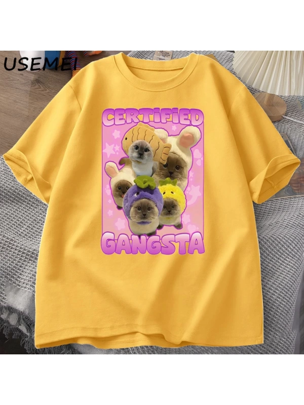 Gangsta komik kedi Meme T-shirt Goofy Tee Tee aptal kediler Tshirt boy