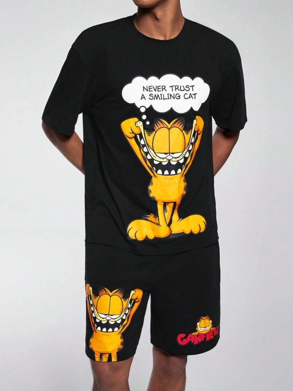 GARFIELD X SHEIN Erkek Rahat Bol Örgü Grafik Baskılı Siyah Tişört ve Şort Set, İlkbah