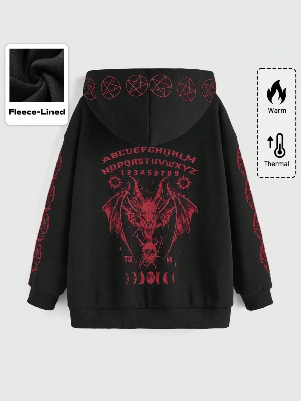 Goth Büyük Beden Kadın Slogan Baskılı Düşük Omuz Uzun Kollu Günlük Kapşonlu Sweatshirt, Model 5172