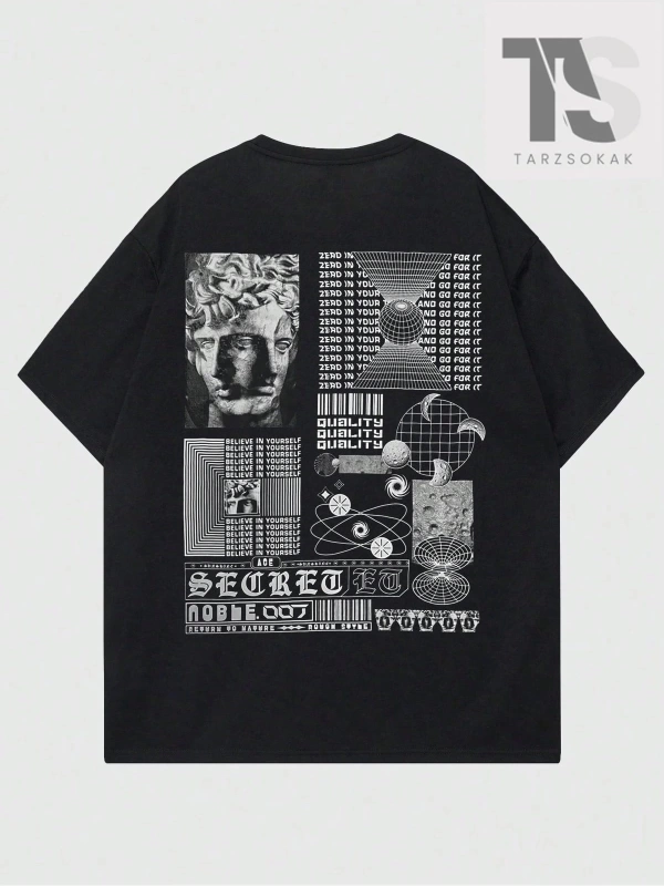 Goth Erkek Geometrik Baskılı Yuvarlak Yaka T-Shirt