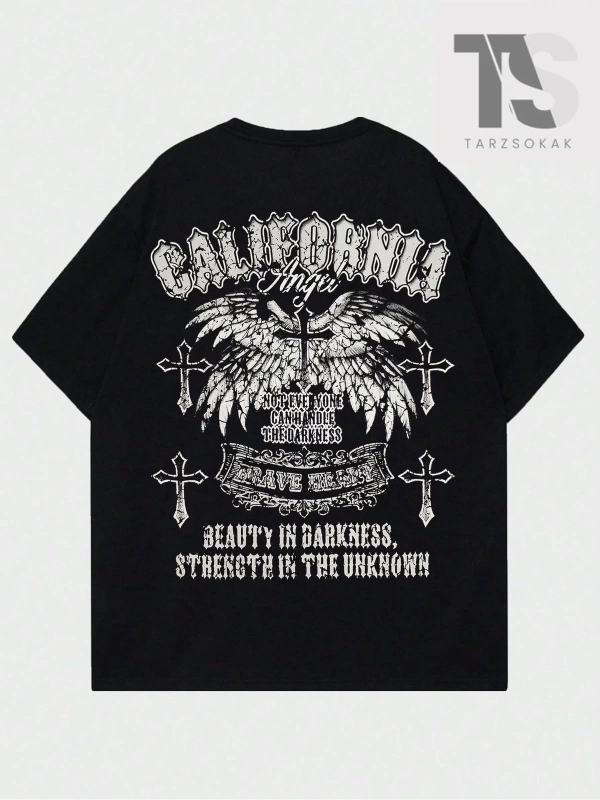 Goth Erkek Kanat ve Harf Baskılı T-shirt