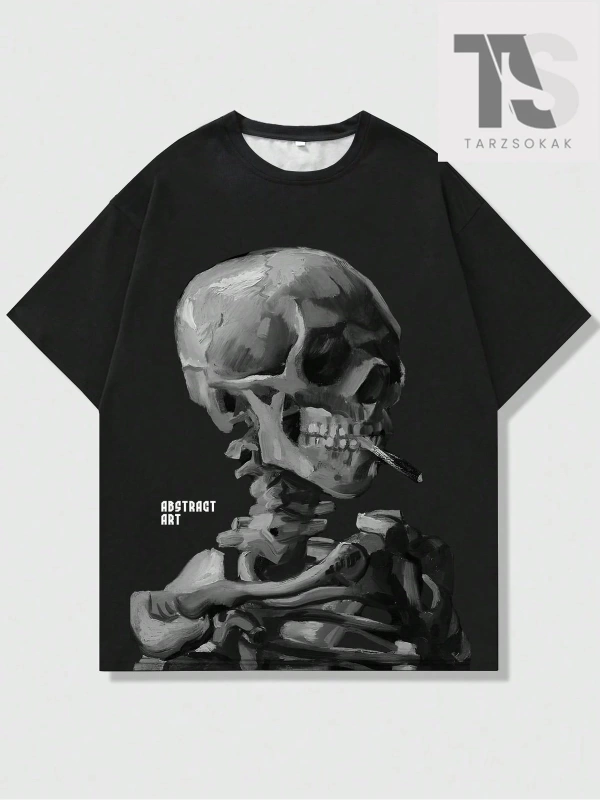 Goth Erkek Koyu Gotik Kafatası Baskılı T-Shirt
