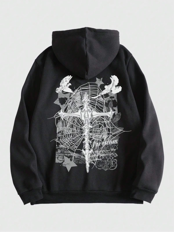 Goth Guys Cross Print Drawstring Lined Hoodie Siyah