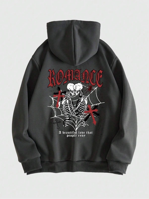 Goth Guys Skeleton & Slogan Graphic Zip Up Lined Hoodie Gri