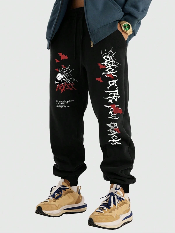 Goth Guys Skull & Slogan Graphic Drawstring Waist Eşofman Altı