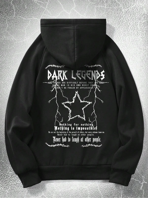 Goth Guys Star & Slogan Graphic Raglan Sleeve Drawstring Hoodie Siyah