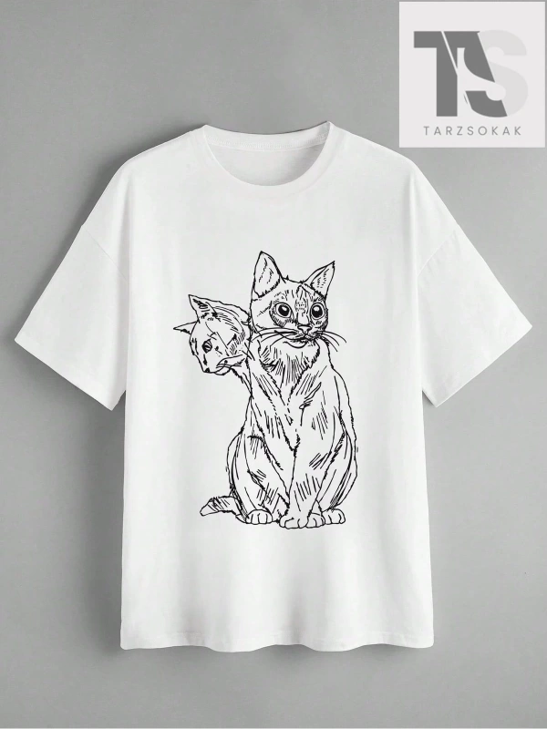 Goth Kadın Casual Kedi Baskılı T-Shirt