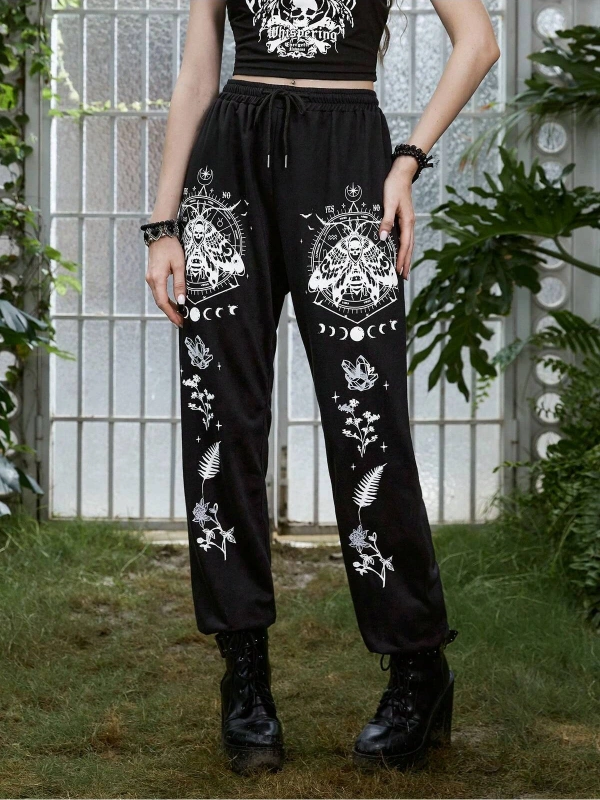Goth Skull Graphic Drawstring Waist 4 Mevsim Eşofman