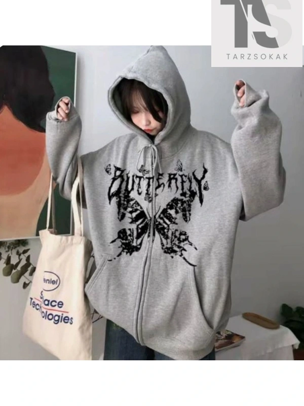 Gothic Retro Dark GrayButterfly Hooded Baskılı Oversize Fermuarlı Unisex Kapüşonlu Gri