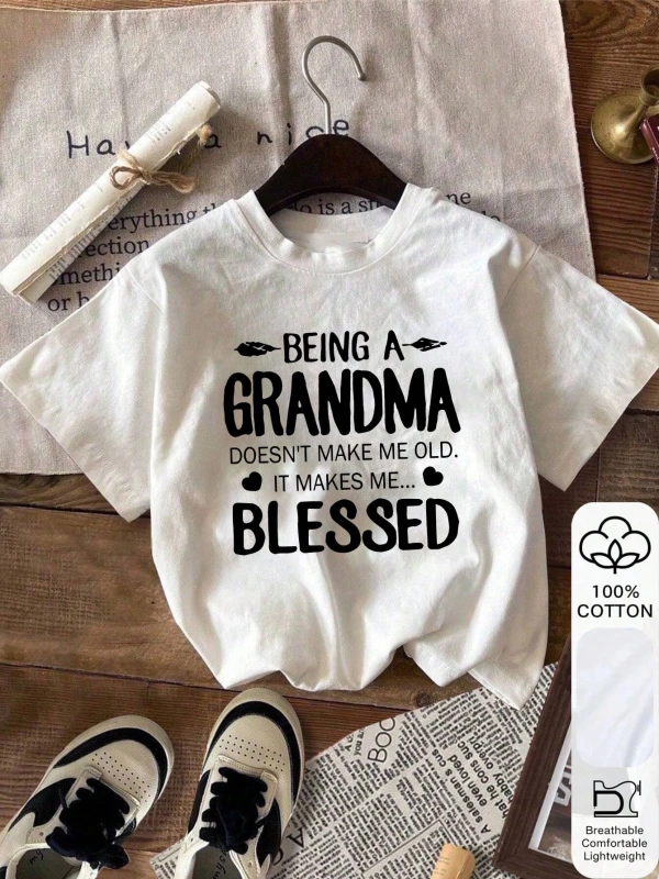 GRANDMA Mektup Baskısı, Yaz Kadın %100 Pamuk Kısa Kollu, Beyaz Kısa Kollu, Grafik Tişört, Bey