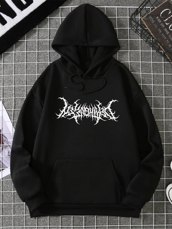 Graphic Print Kangaroo Pocket Drawstring Hoodie Siyah