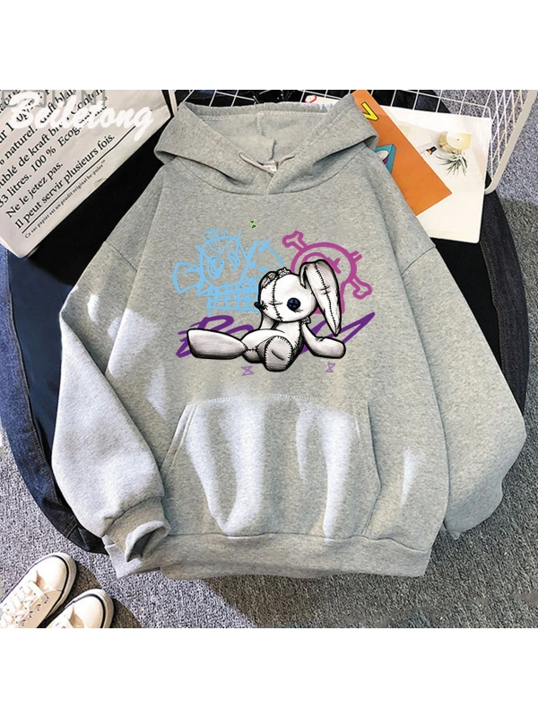 Gri Arcane Jinx Hoodie Maymun Bebek Tavşan Graffiti Grunge Tarzı Kpop i Siyah Anime