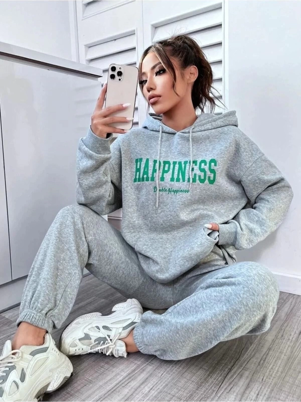 Gri Happiness Dijital Baskılı Kışlık UNİSEX Eşofman Takımı