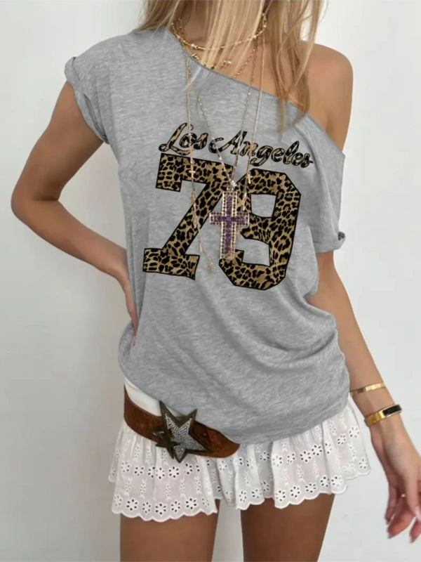 Gri Kadın Düşük Omuz Kayık Yaka Leopar 79 Baskılı