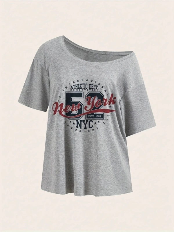 Gri Kadın Düşük Omuz Kayık Yaka New York 52 Baskılı