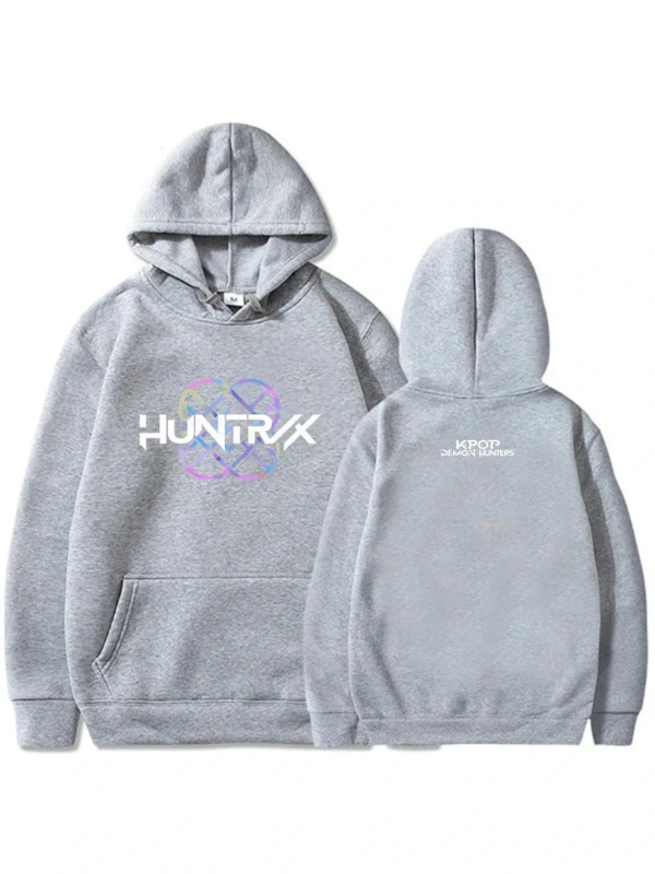 Gri KPop Demon Hunters Huntrix Logosu Hoodie Film, Kaza