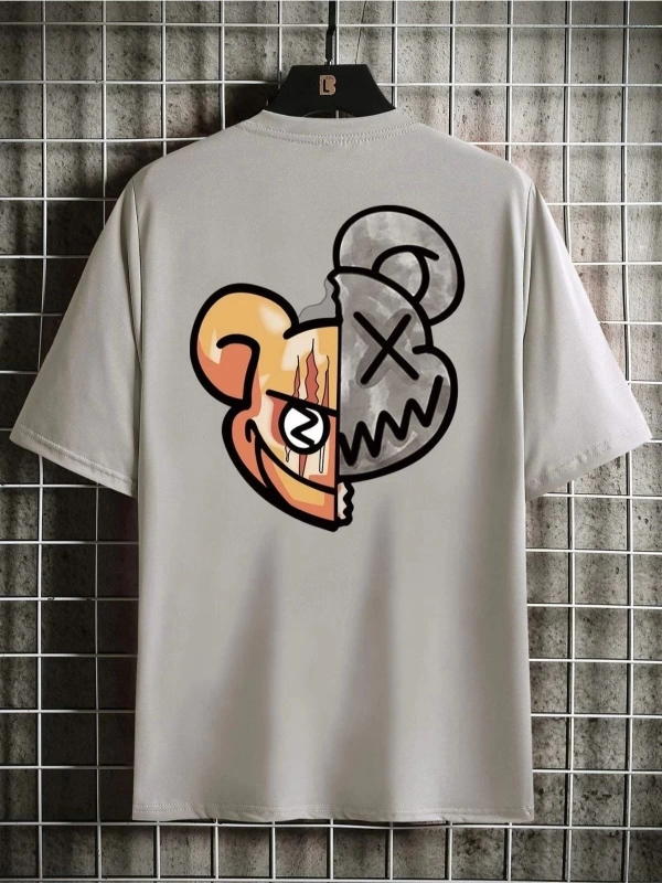 Gri Men Cartoon Baskılı Bisiklet Yaka Tshirt