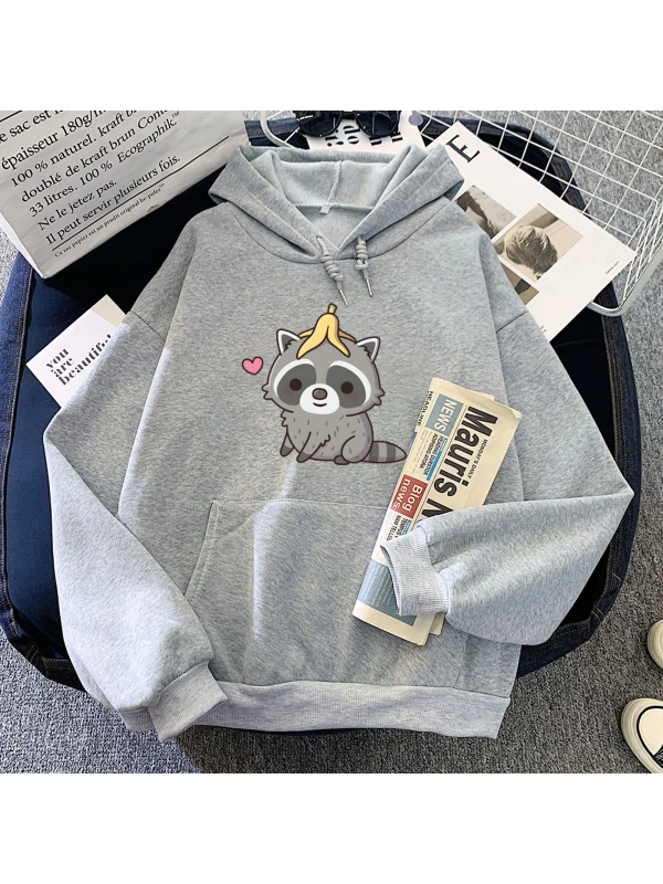 Gri Muz Kabuğu ile sevimli Rakun Hoodies Karikatür Kawaii Grafik B