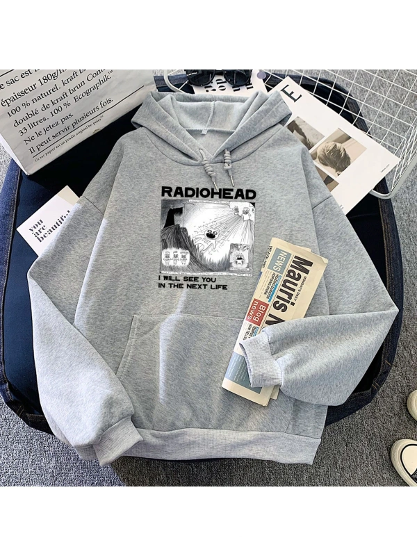 Gri Radiohead Baskılı Komik Retro Karikatür Hoody Harajuku Manga Hoodieonbahar Pol