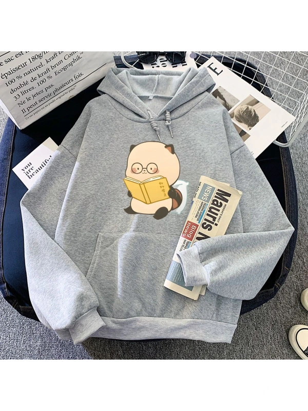 Gri Rakun okuma grafik Hoodies rahat rahat sevimli