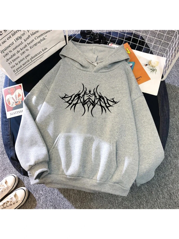 Gri Y2K tarzı kapşonlu uzun kollu kazak kentsel rahat moda