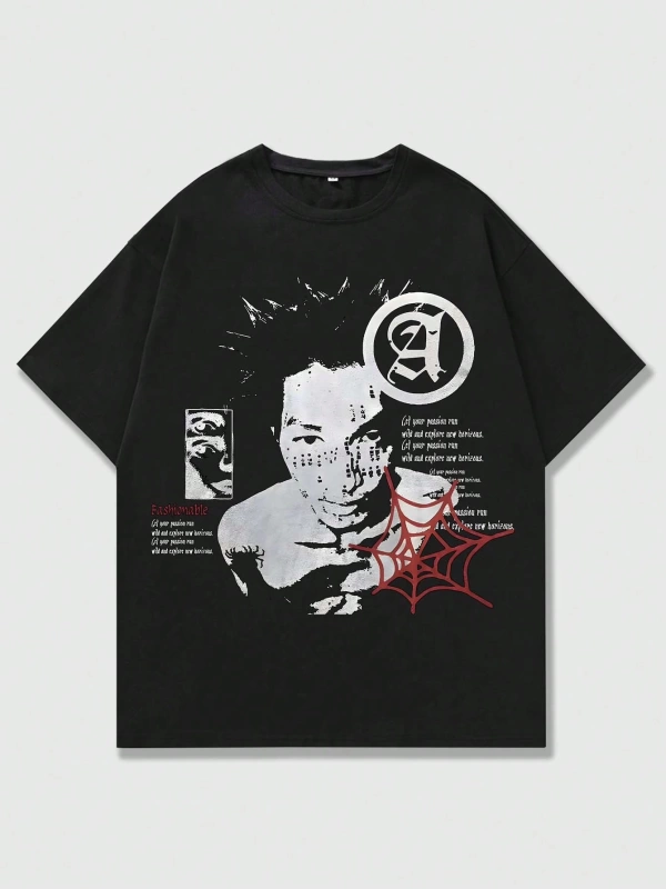 Grunge Punk Erkek Portre Ve Slogan Baskılı Kısa Kollu Tişört, Okul