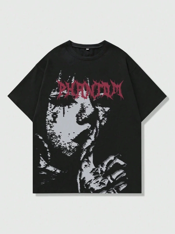 Grunge Punk Erkek Siluet Figür Baskılı Tişört, High Street Vintage Stili