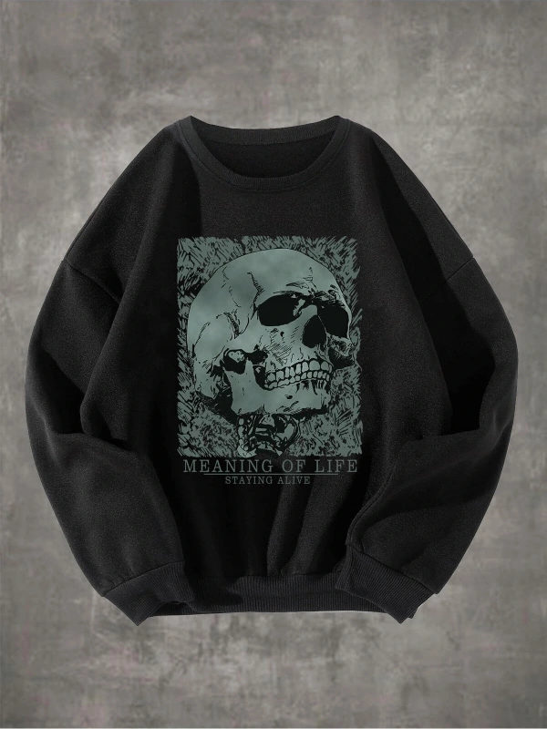 Grunge Punk Skull & Letter Graphic Sweatshirt Siyah