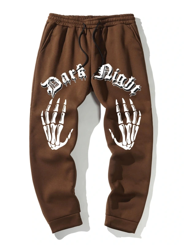 Guys Letter & Skeleton Print Thermal Drawstring Waist Eşofman Altı