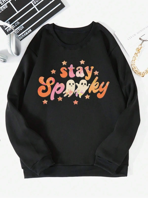 Halloween Letter Graphic Lined Sweatshirt Siyah