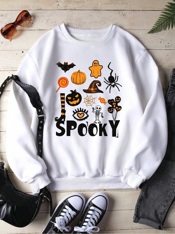 Halloween Print Lined Sweatshirt Beyaz