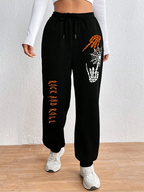 Halloween Skeleton Hand & Letter Graphic Drawstring Waist 4 Mevsim Eşofman