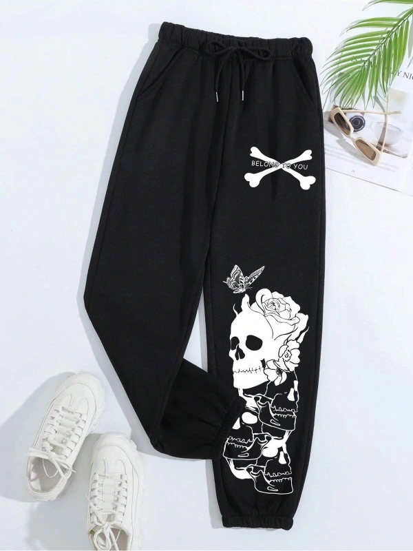 Halloween Skull Print Drawstring Waist 4 Mevsim Eşofman