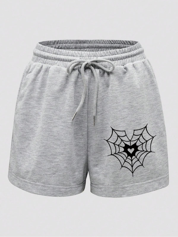 Halloween Spider Web & Heart Print Drawstring Waist Şort