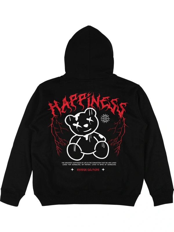 Happines Teddy Siyah Oversize Unisex Kapüşonlu Sweatshirt Hoodie