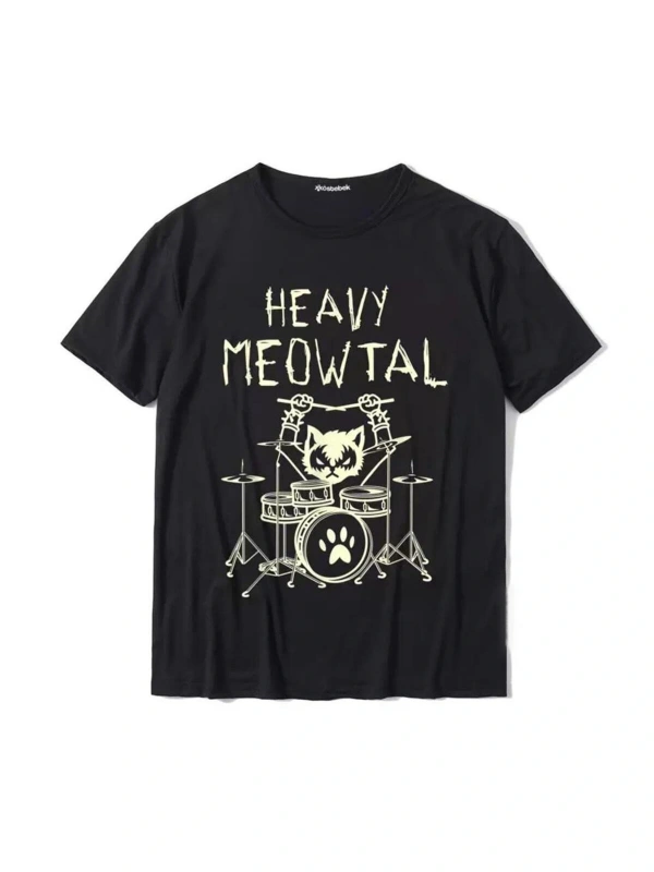 Happy Meowtal - Batterist Metal Cat Siyah Tshirt Arsbatteristcat