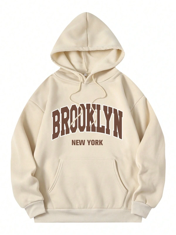 Harf Grafik Kanguru Cepli İpli Kapüşonlu Üst Bej